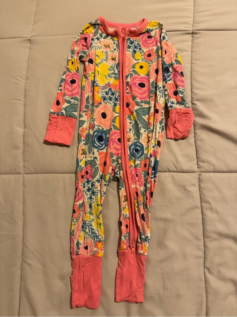 Little Sleepies Coral Trim Floral Zip Footie Pajamas